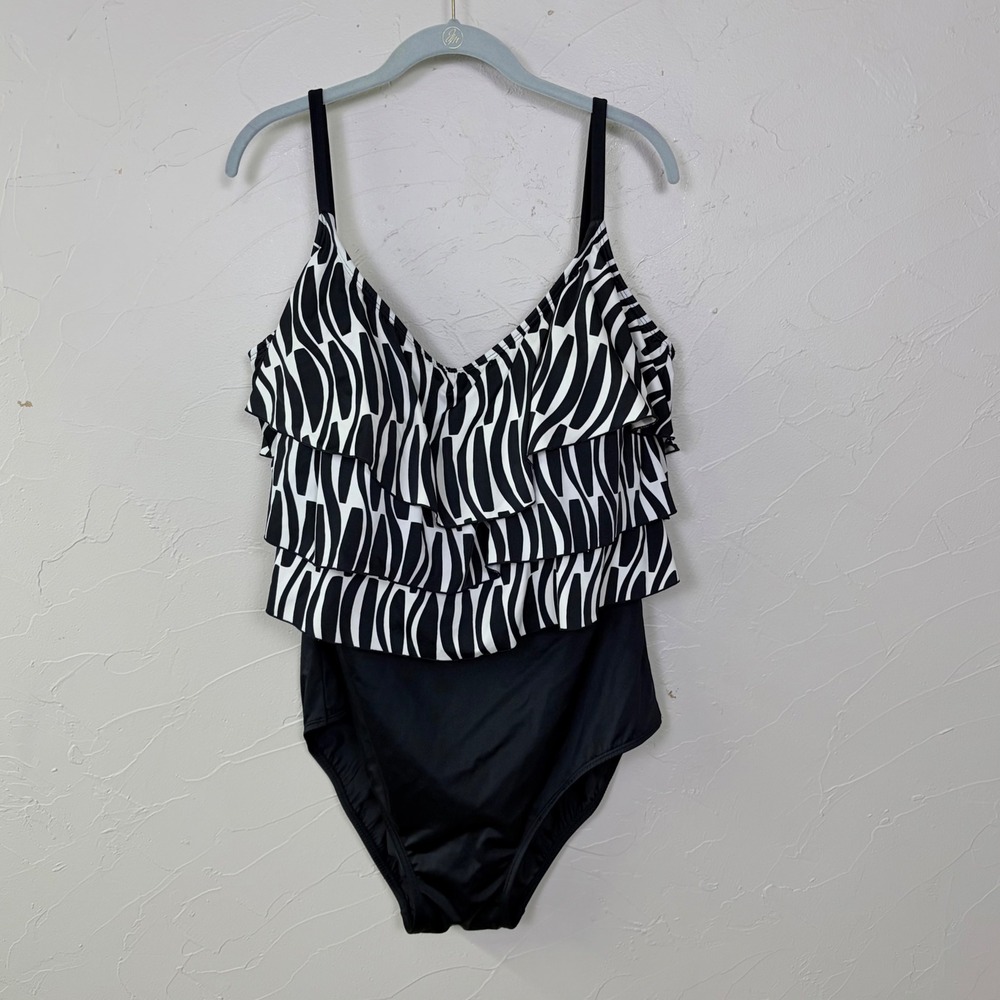 Inches Away One Piece Swimsuit Women 24W Zebra Tiered Ruffle Tummy Control Black
